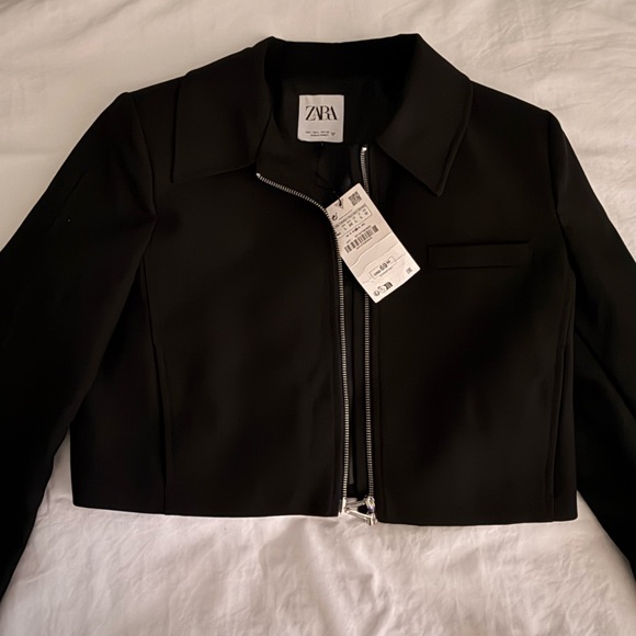 Zara Black Cropped Zip-Front Blazer Jacket - Picture 2 of 2